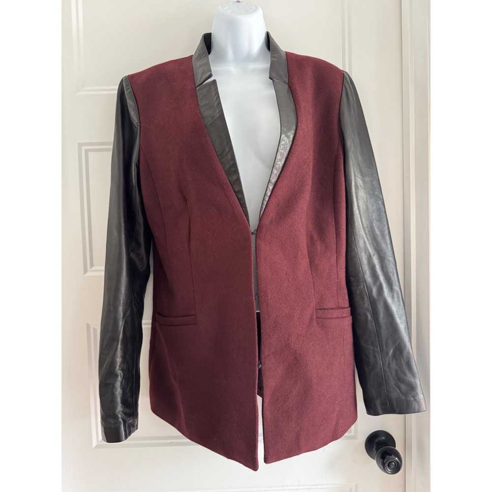 Danier Womens Italian Leather Sleeve Wool Blend Blazer Burgundy Black Medium - Picture 5 of 11